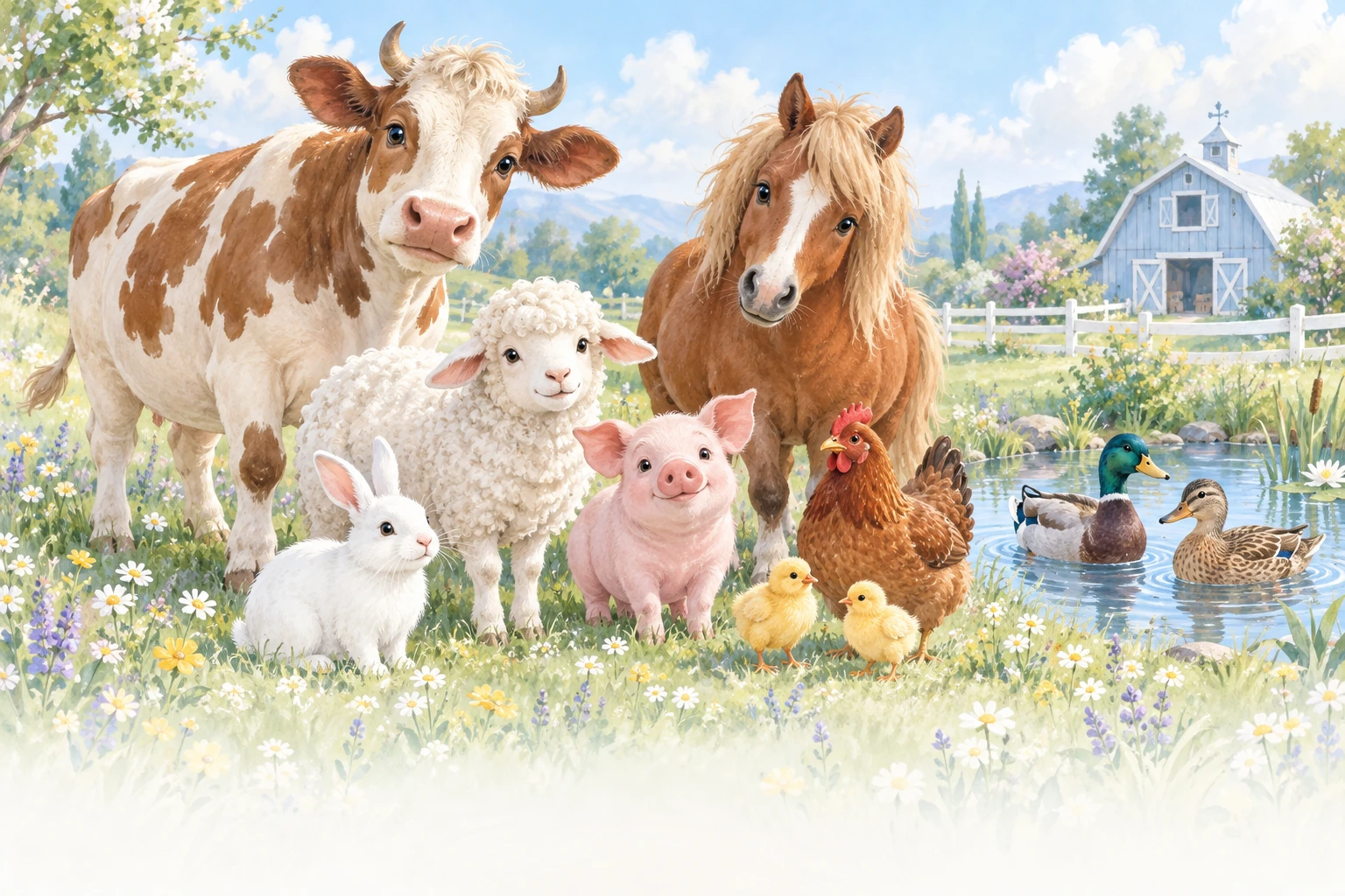 Les animaux de la ferme : une vache, un poney, un mouton, un cochon, un lapin, une poule, des poussins et des canards.