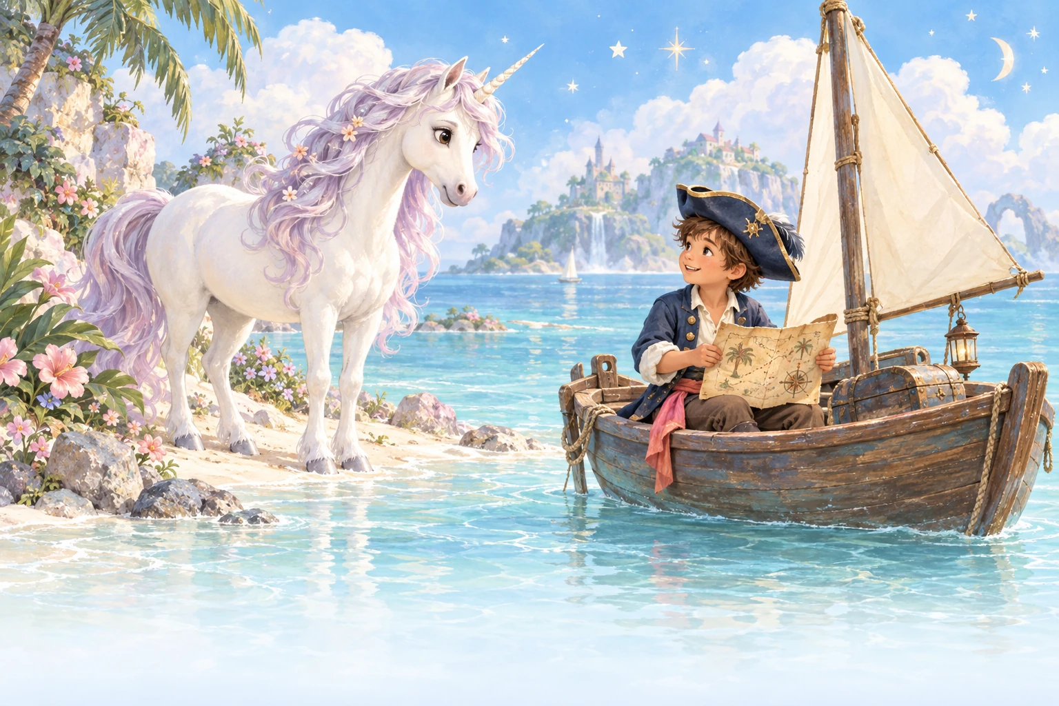 Une licorne blanche rencontre un jeune pirate dans son voilier, au bord d’un lagon enchanté.
