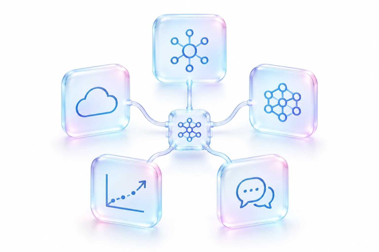 Cinq panneaux de verre reliés à une puce centrale : données, apprentissage, langage, prévisions et cloud.