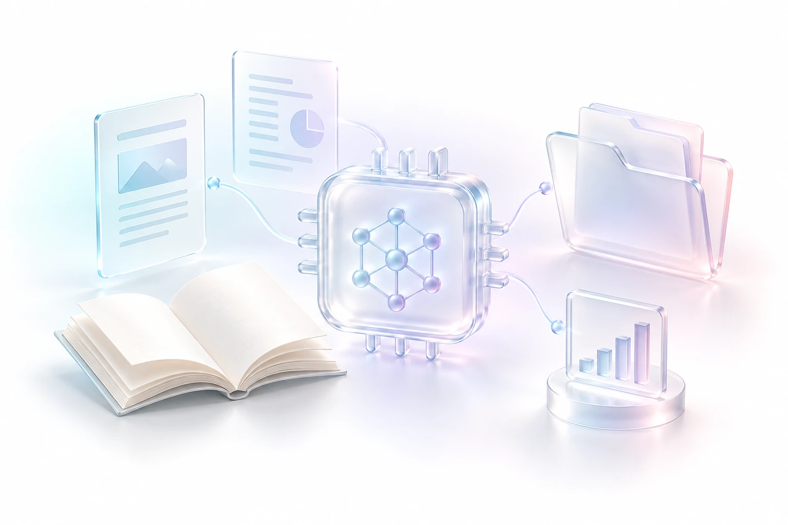 Un livre ouvert, des documents et une puce d’intelligence artificielle en verre translucide, sur fond blanc aux reflets cyan et lavande.